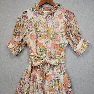 BURU A-line Midi Dress Cream Floral 3/4 Puff Sleeve Heart Lining Pretty Sz Small